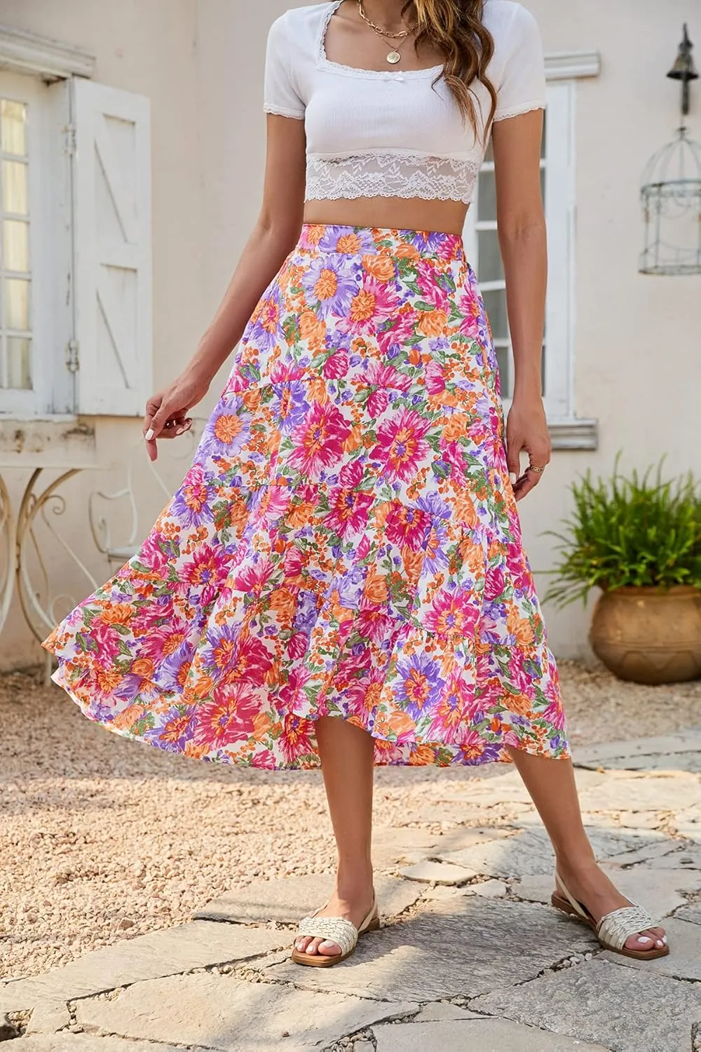 SimpleFun Women's Long Skirts Boho Floral Elastic High Waist Asymmetrical Hem Midi Skirt