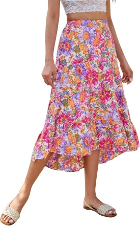 SimpleFun Women's Long Skirts Boho Floral Elastic High Waist Asymmetrical Hem Midi Skirt