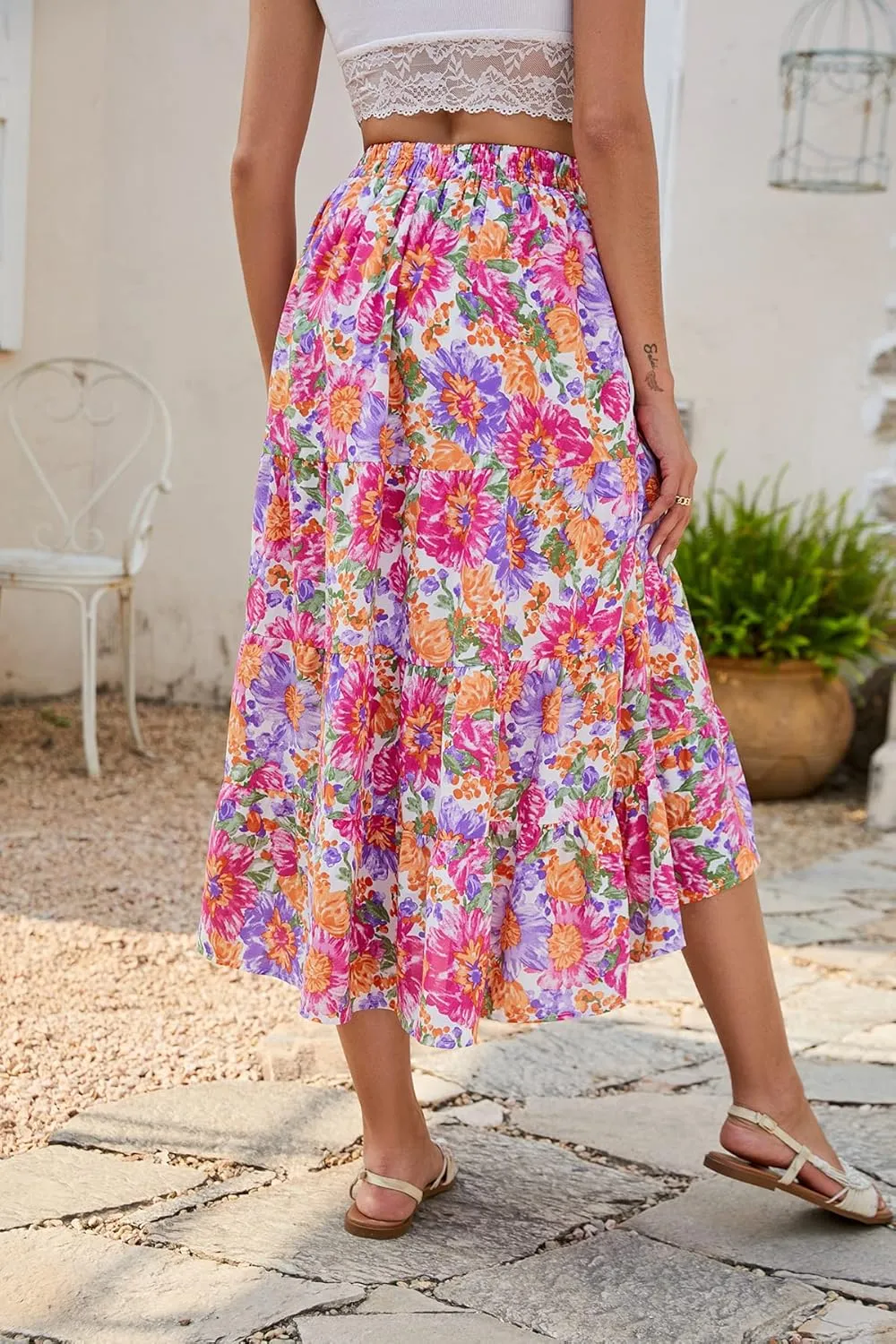 SimpleFun Women's Long Skirts Boho Floral Elastic High Waist Asymmetrical Hem Midi Skirt