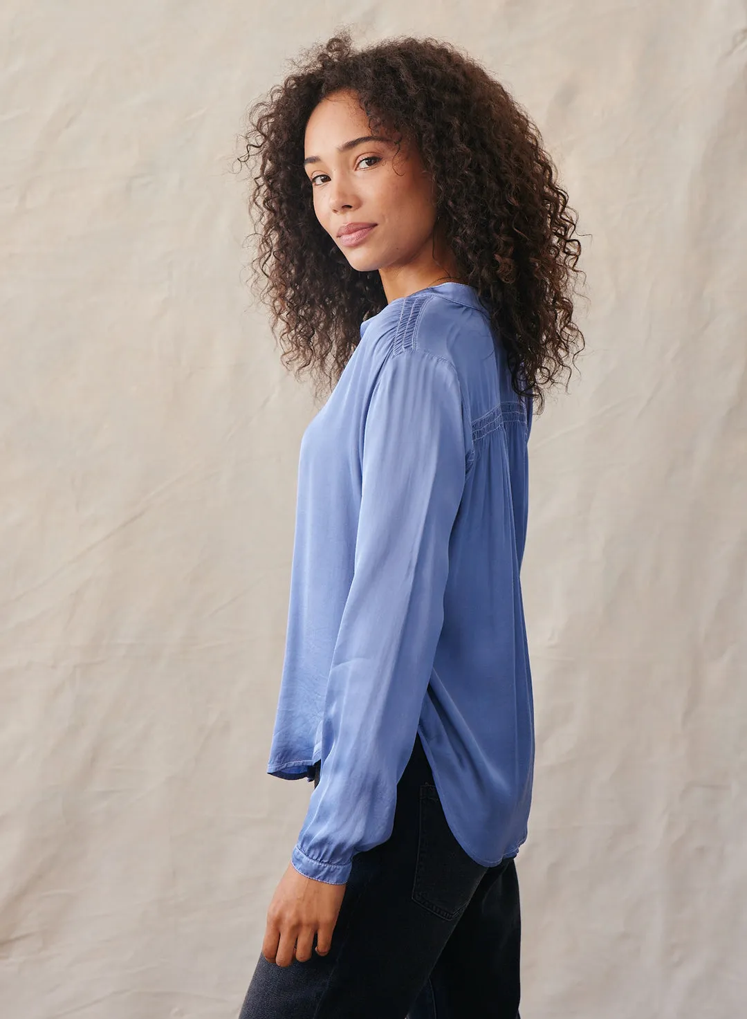 Smocked Button Down Shirt ~ Polar Blue