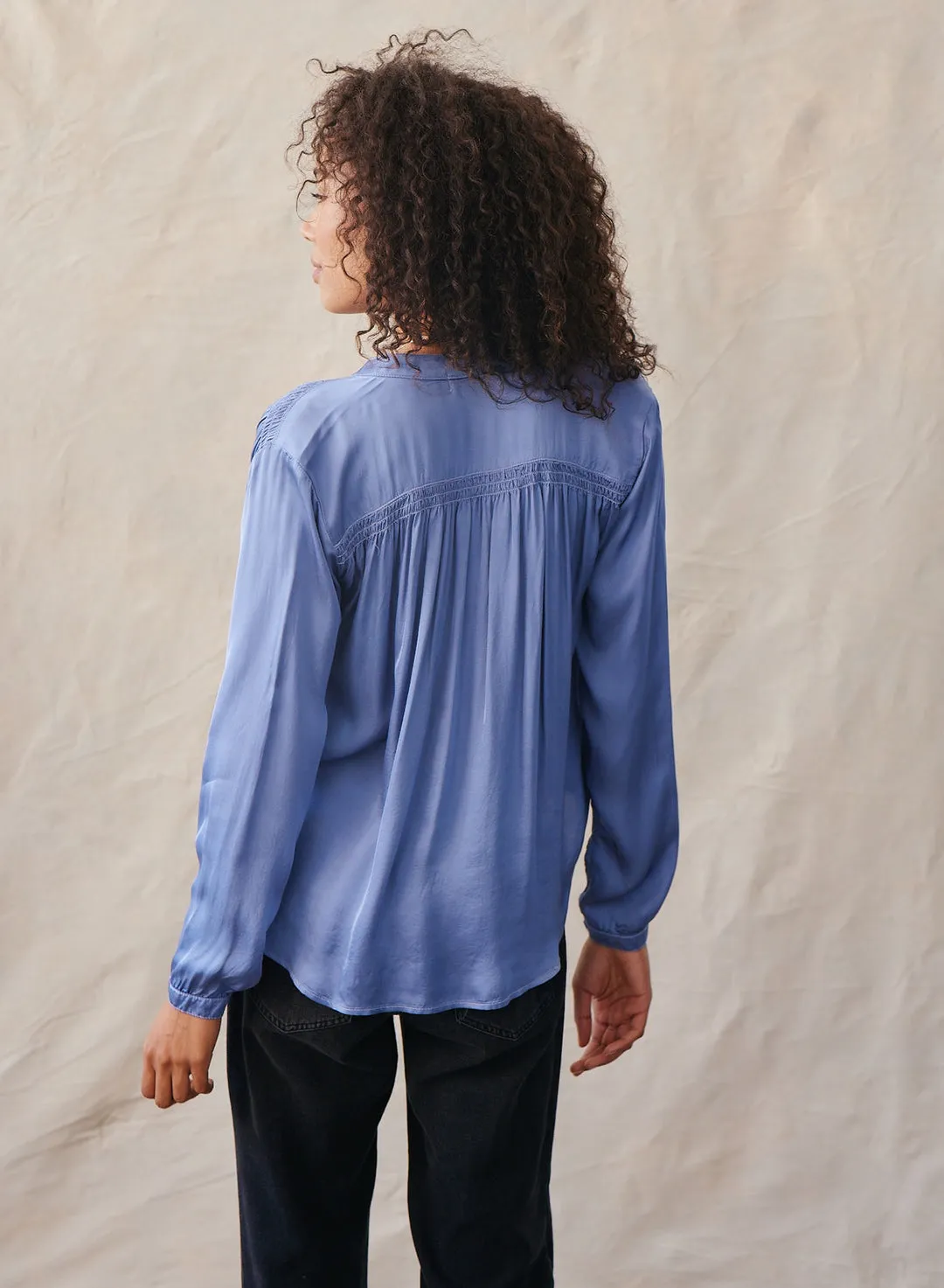Smocked Button Down Shirt ~ Polar Blue
