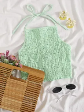 Smocked Self Tie Halter Top