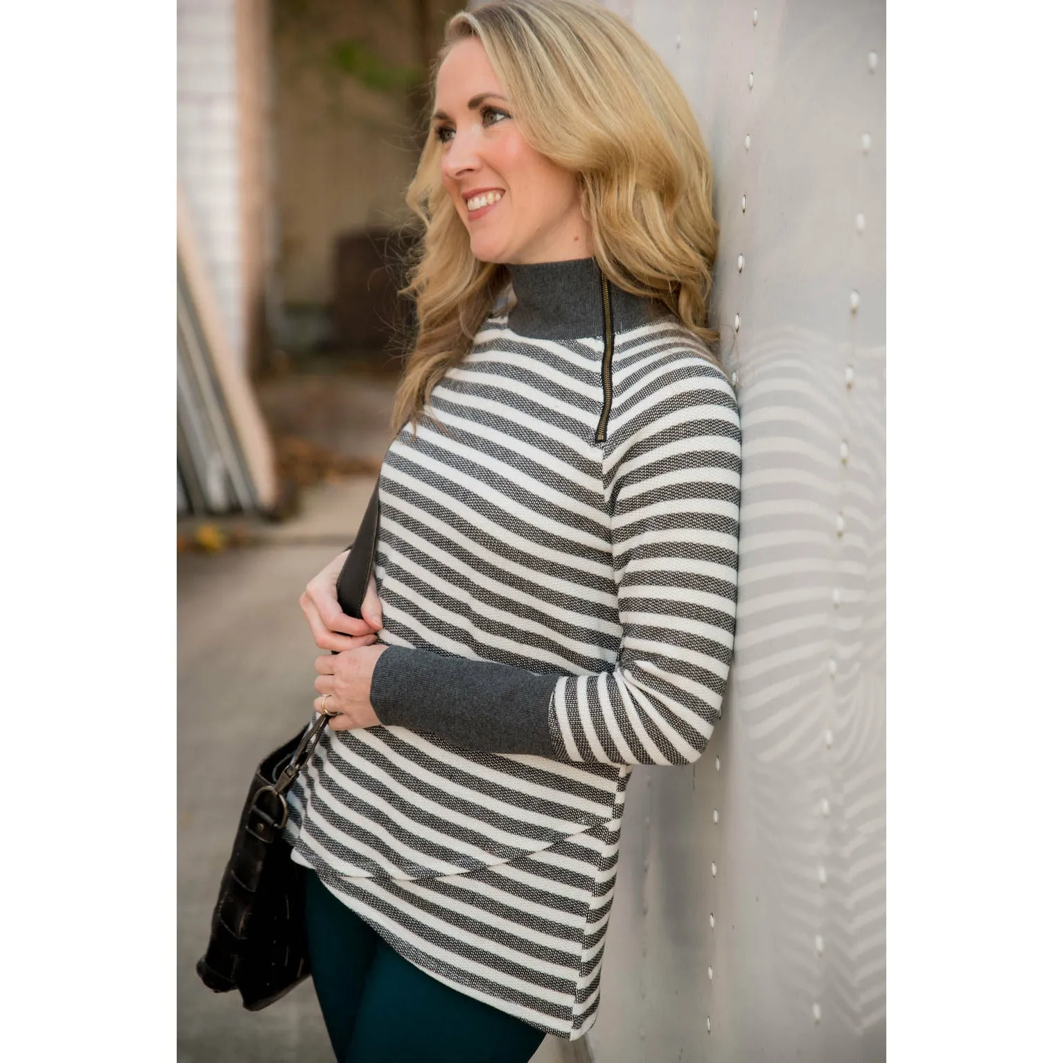 Solid Trimmed Striped Wrap Sweatshirt