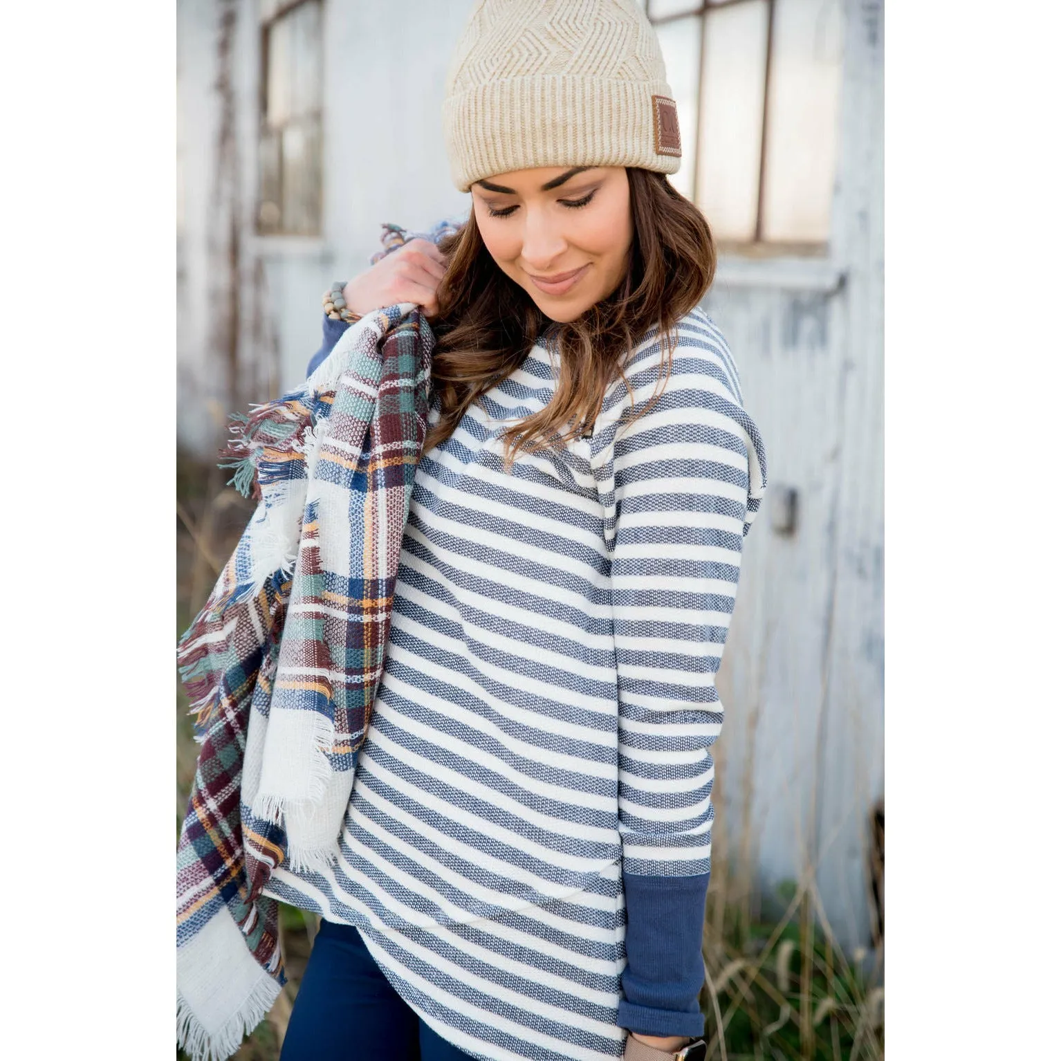 Solid Trimmed Striped Wrap Sweatshirt