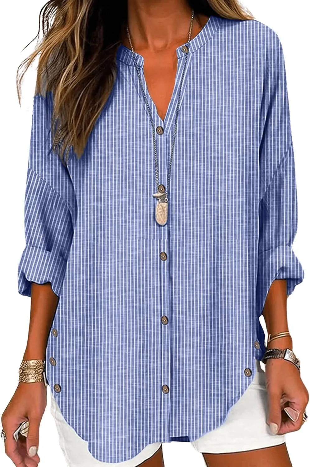 SOLY HUX Women's Striped Shirt Long Sleeve Notched V Neck Button Down Casual Blouse Tops