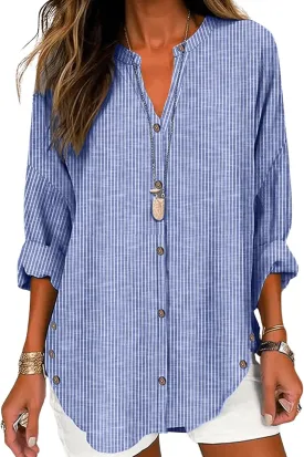 SOLY HUX Women's Striped Shirt Long Sleeve Notched V Neck Button Down Casual Blouse Tops