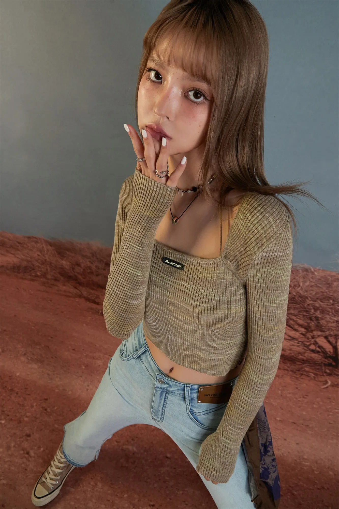 Square Neck Wrap Knit Long Sleeve Top
