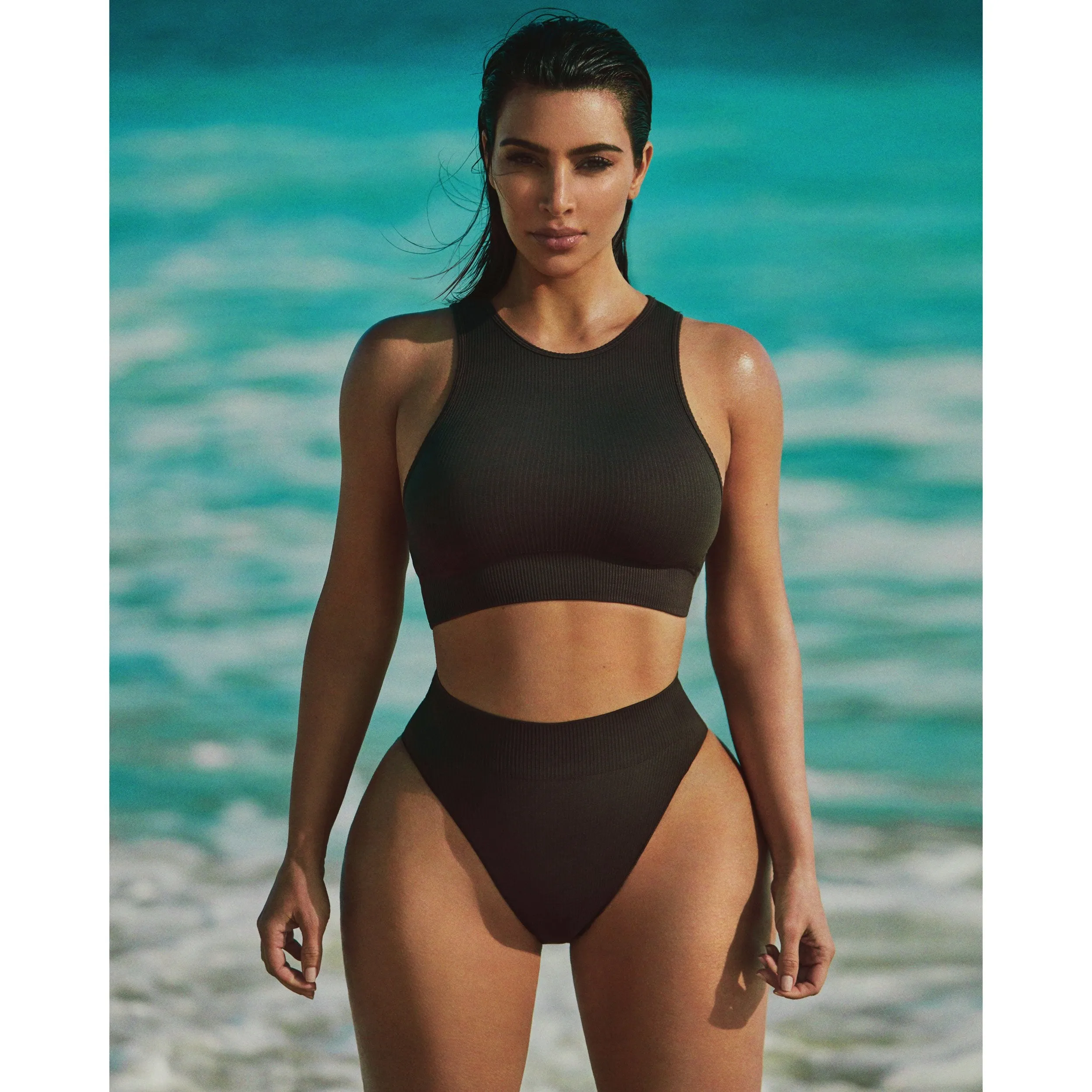STRETCH RIB HIGH NECK BRA | SOOT