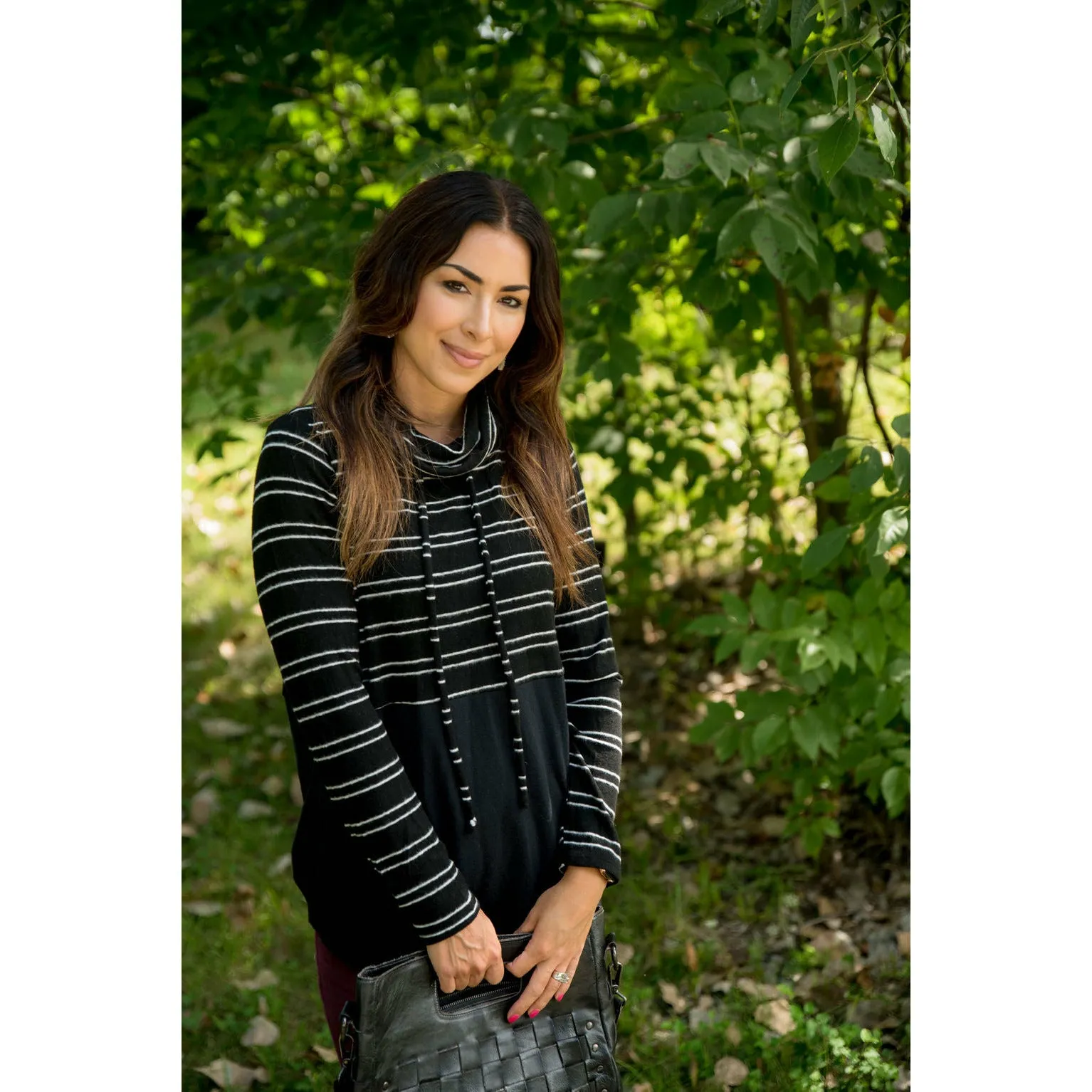 Striped Top Solid Bottom Cowl Neck