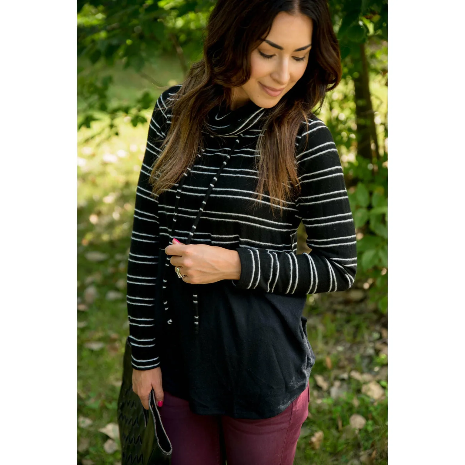 Striped Top Solid Bottom Cowl Neck