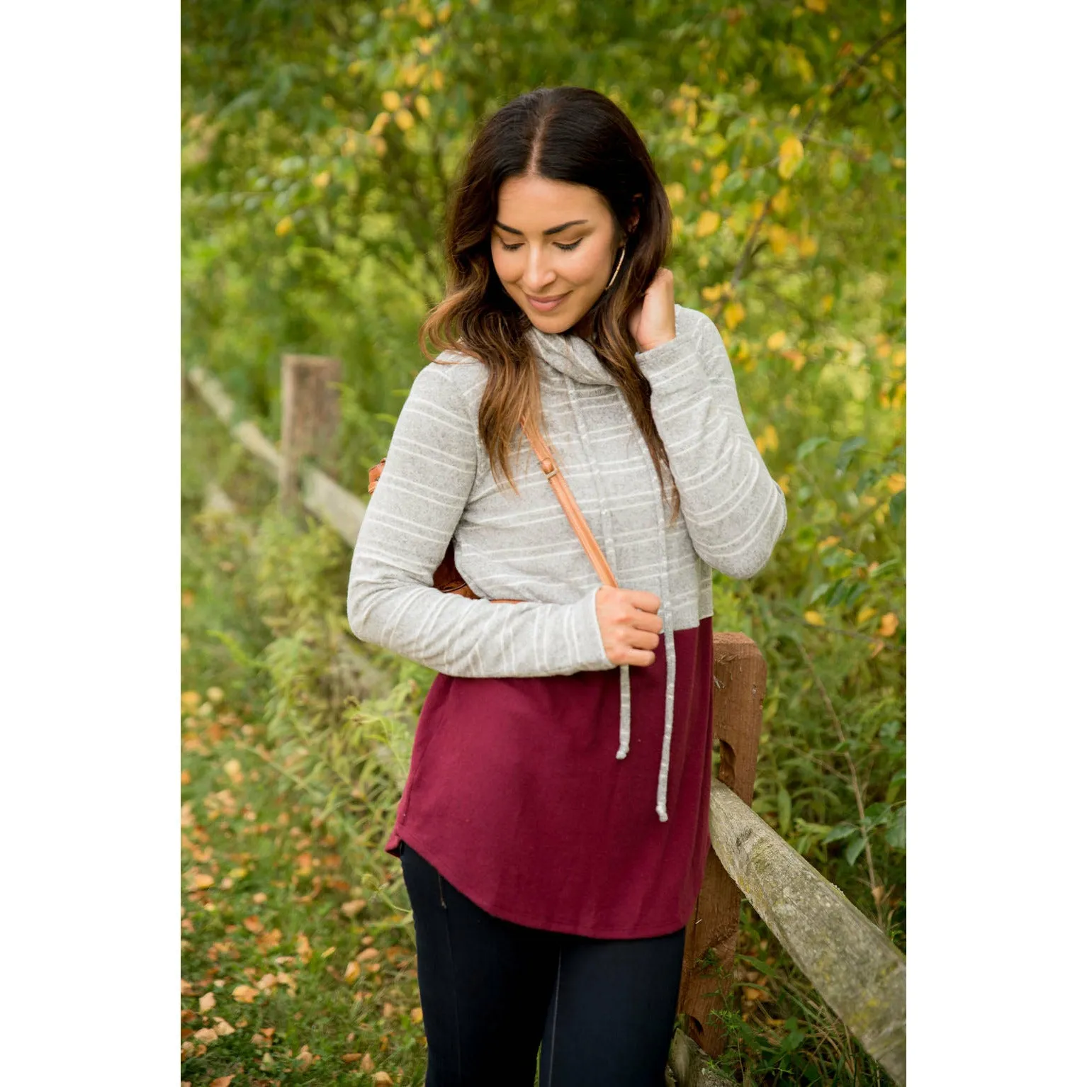 Striped Top Solid Bottom Cowl Neck