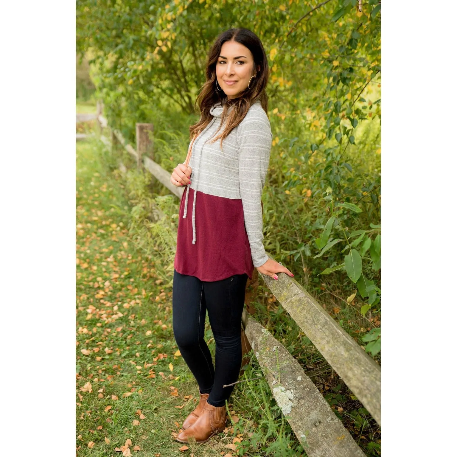 Striped Top Solid Bottom Cowl Neck