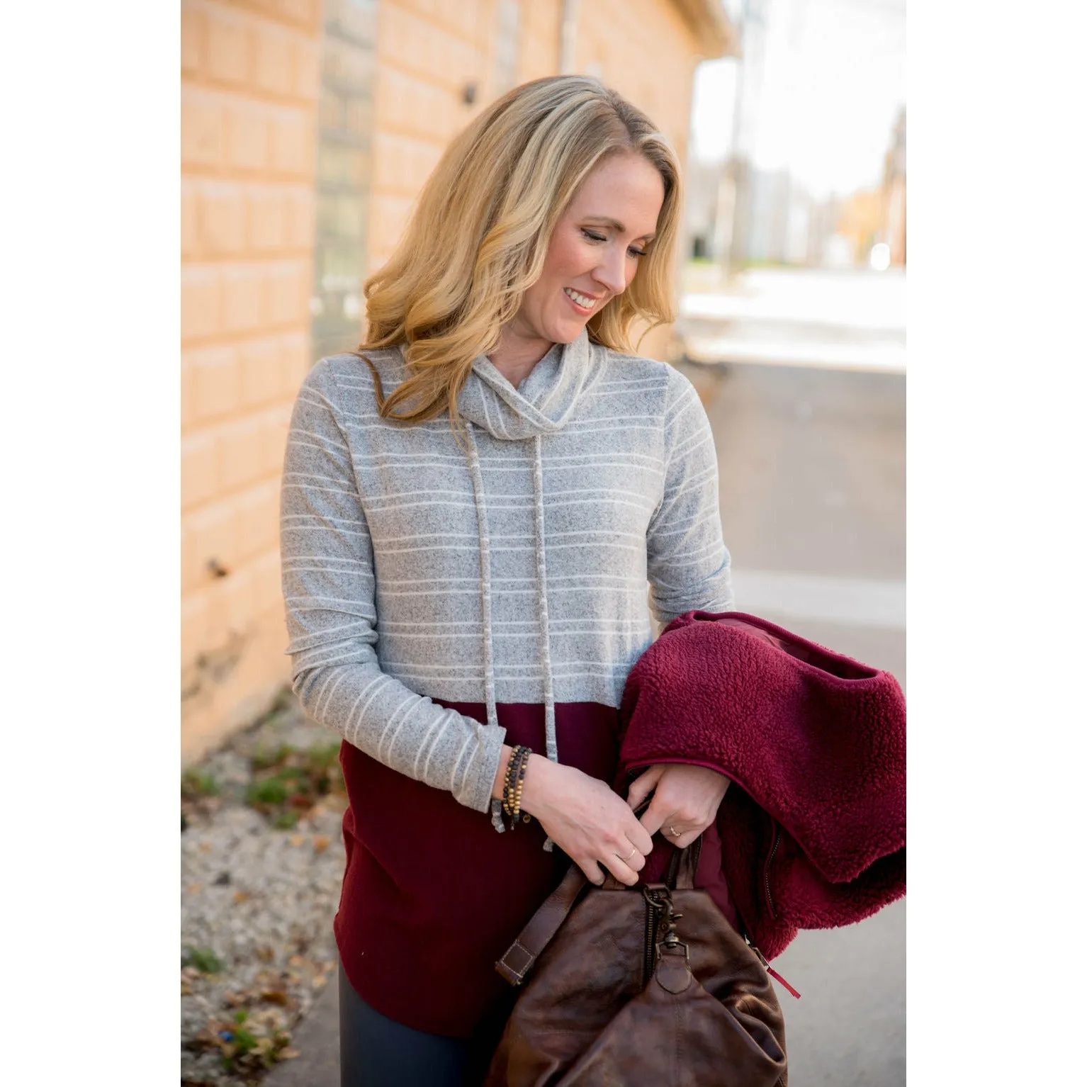 Striped Top Solid Bottom Cowl Neck