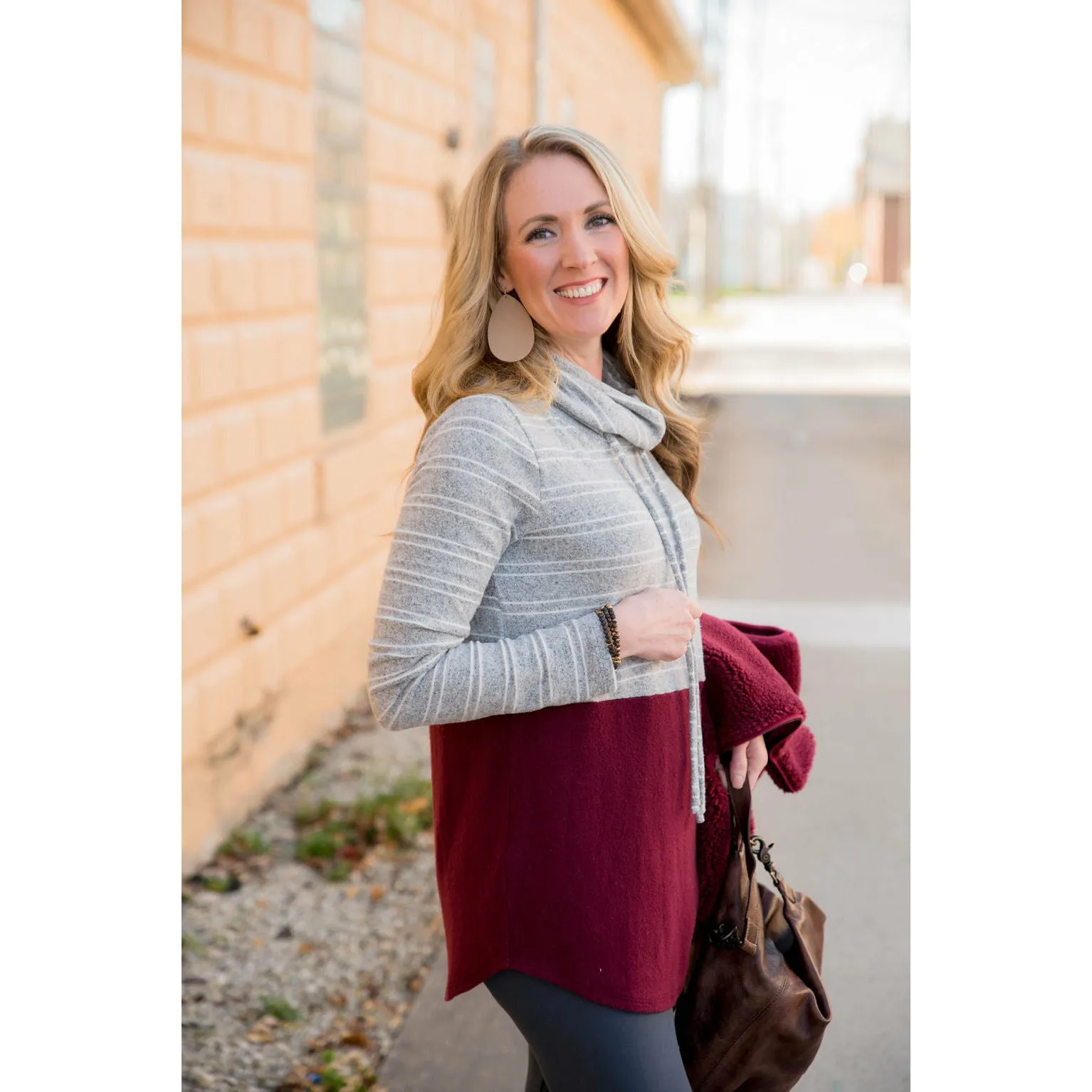 Striped Top Solid Bottom Cowl Neck