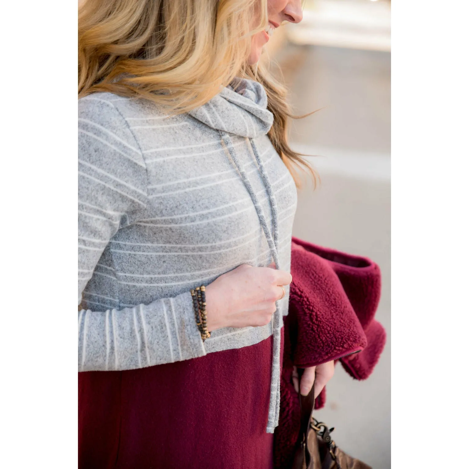 Striped Top Solid Bottom Cowl Neck