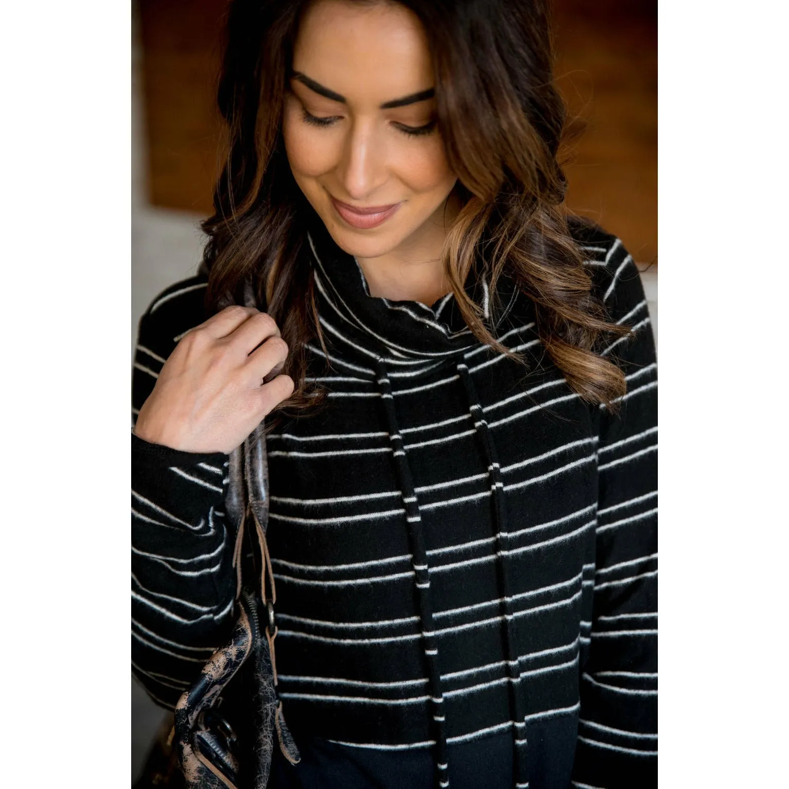 Striped Top Solid Bottom Cowl Neck