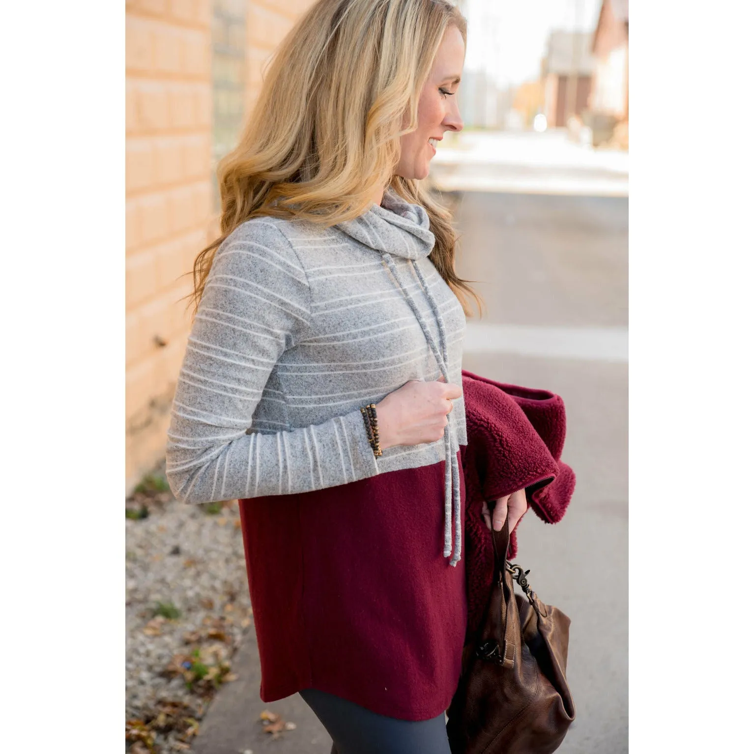 Striped Top Solid Bottom Cowl Neck