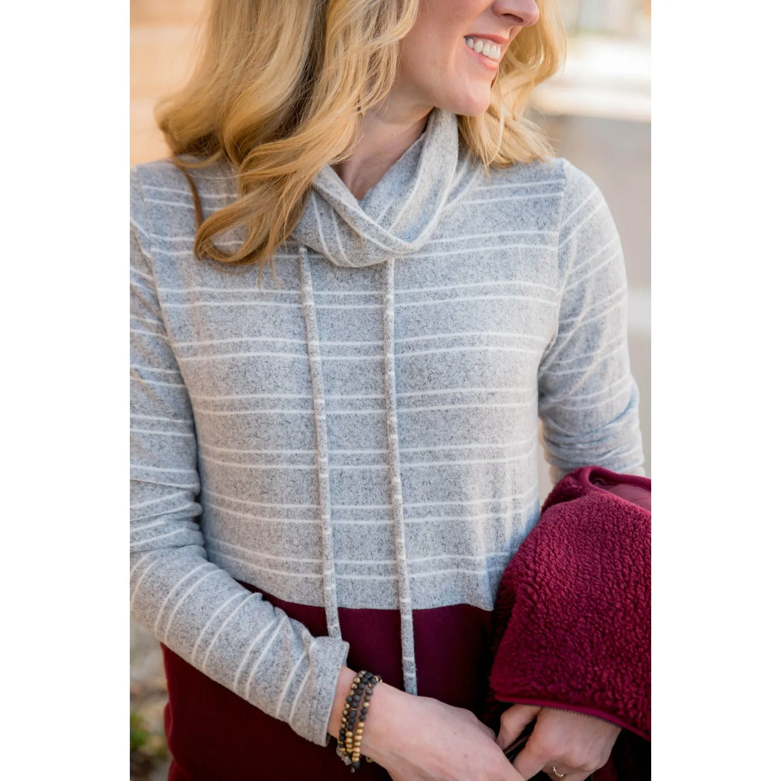 Striped Top Solid Bottom Cowl Neck