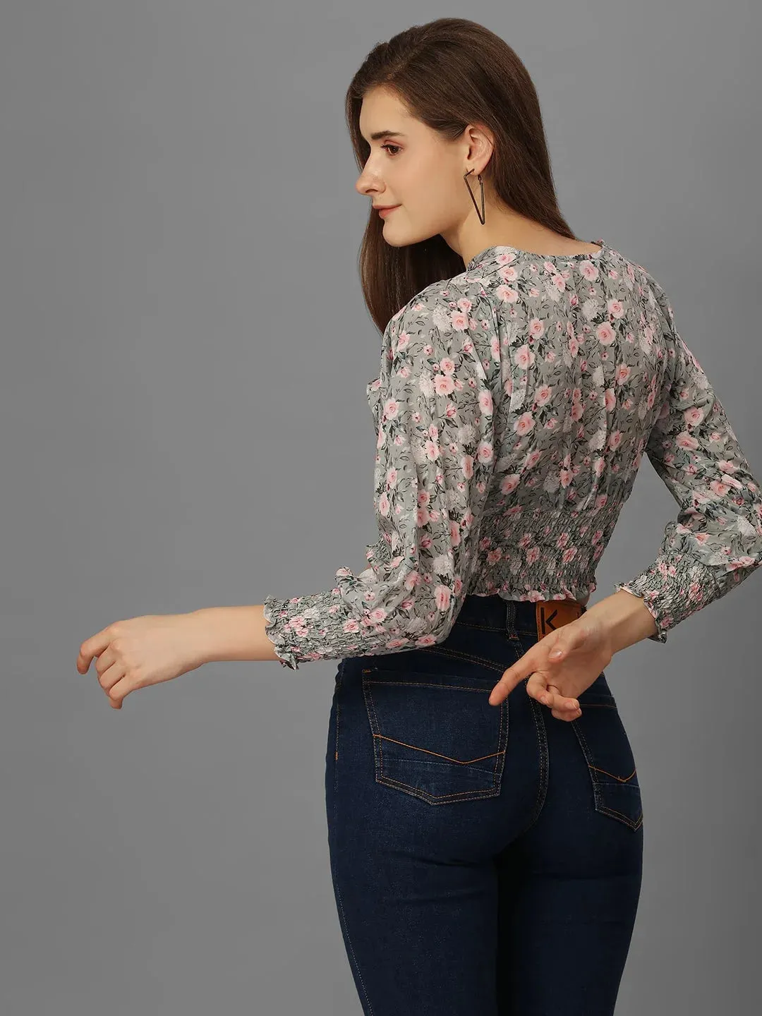 SXV Floral Grey Ruched Blouse Crop Top