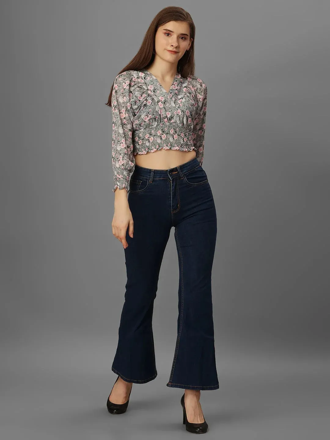 SXV Floral Grey Ruched Blouse Crop Top
