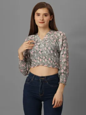 SXV Floral Grey Ruched Blouse Crop Top