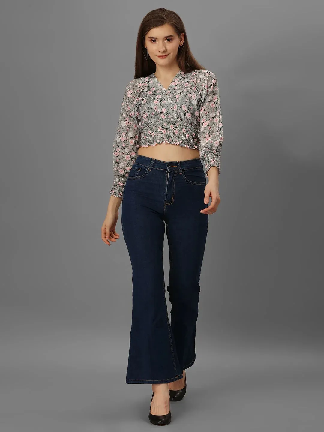 SXV Floral Grey Ruched Blouse Crop Top