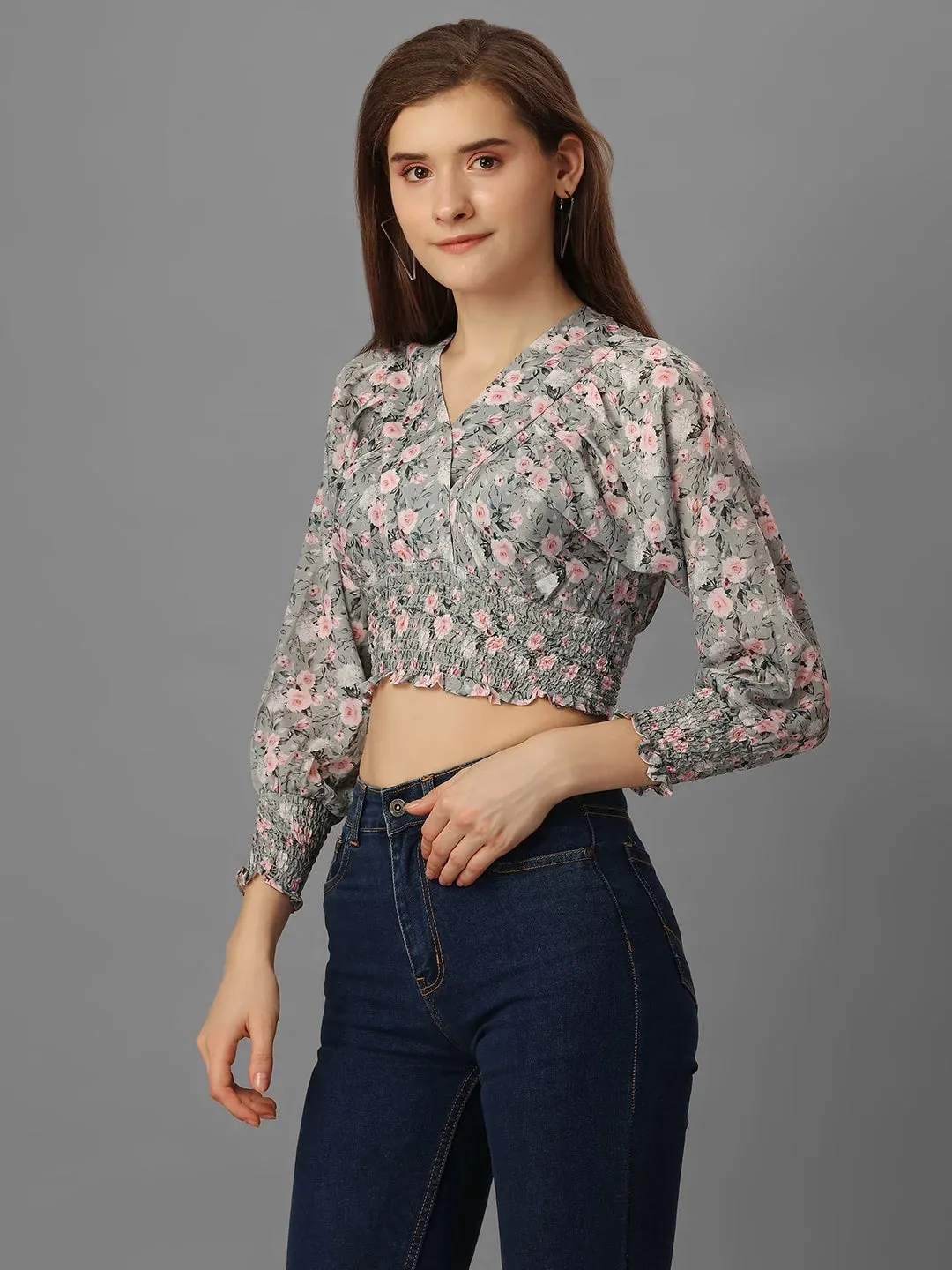 SXV Floral Grey Ruched Blouse Crop Top