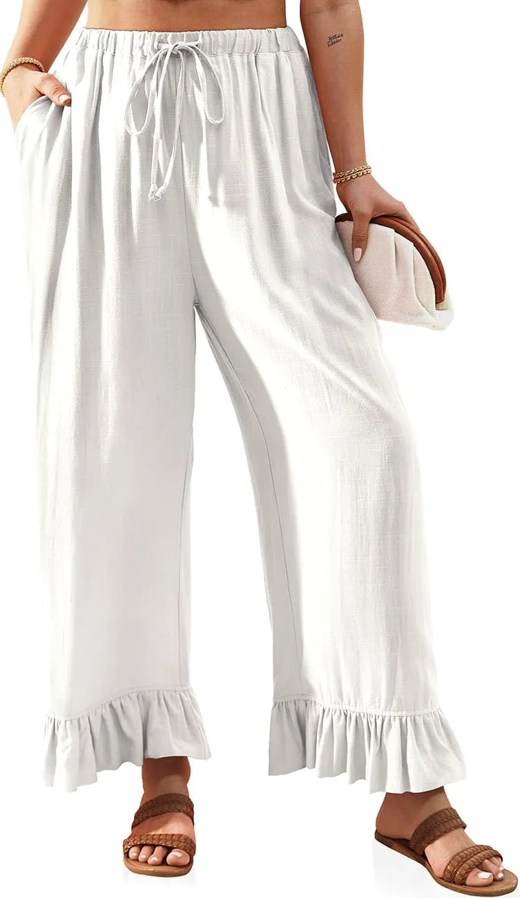 TARSE Womens Linen Casual Pants Flared Leg Wide Leg Drawstring Ruffle Harem Palazzo Pants with Pockets
