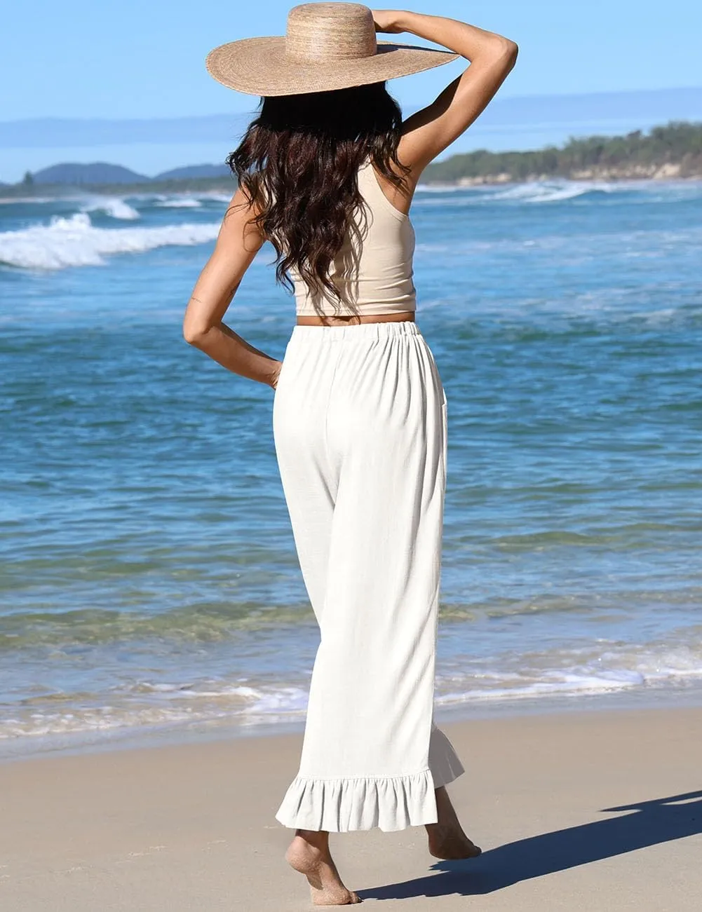 TARSE Womens Linen Casual Pants Flared Leg Wide Leg Drawstring Ruffle Harem Palazzo Pants with Pockets
