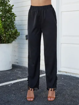 Tassel Trim Solid Elastic Waist Pants