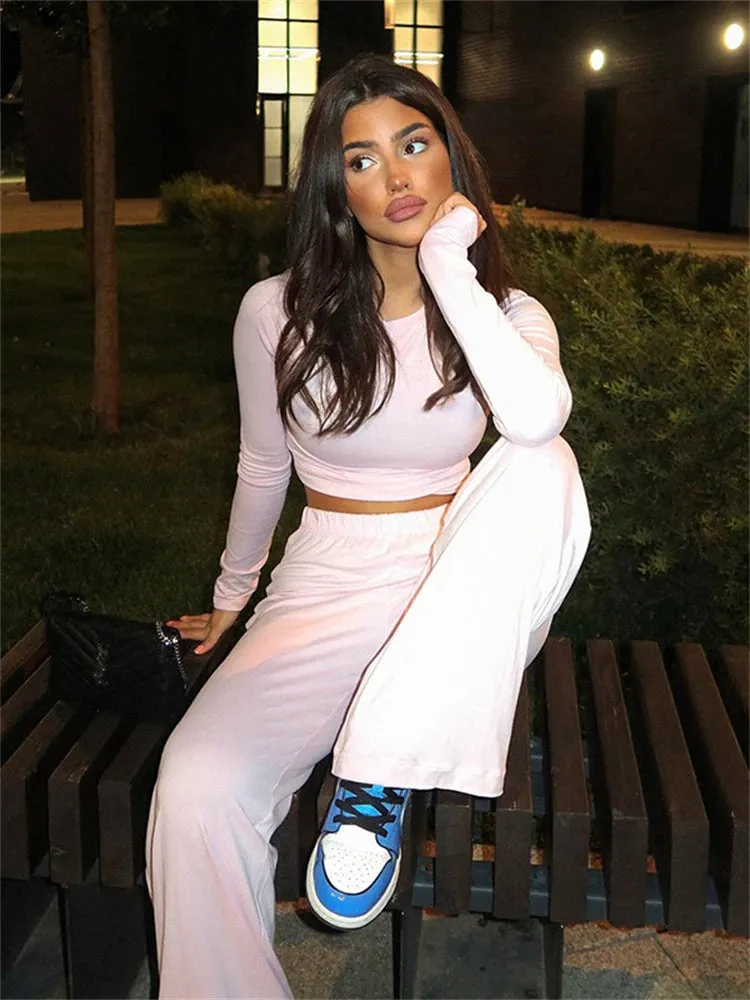 Trendy Casual 2-Piece Loungewear Set with Wide-Leg Pants