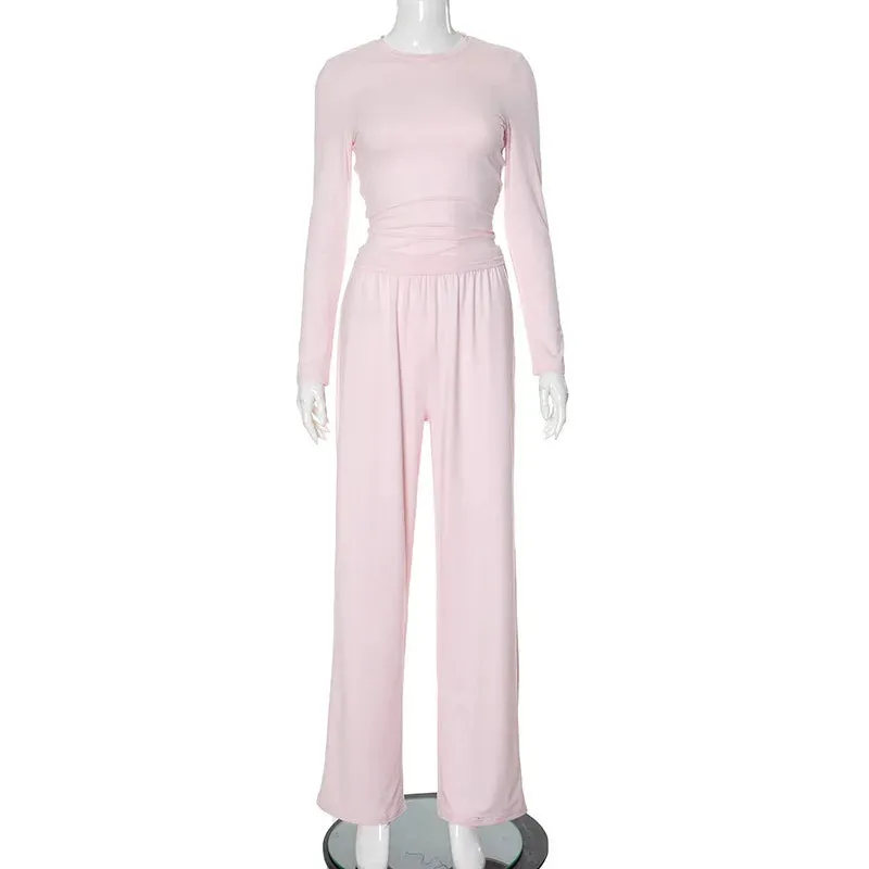 Trendy Casual 2-Piece Loungewear Set with Wide-Leg Pants
