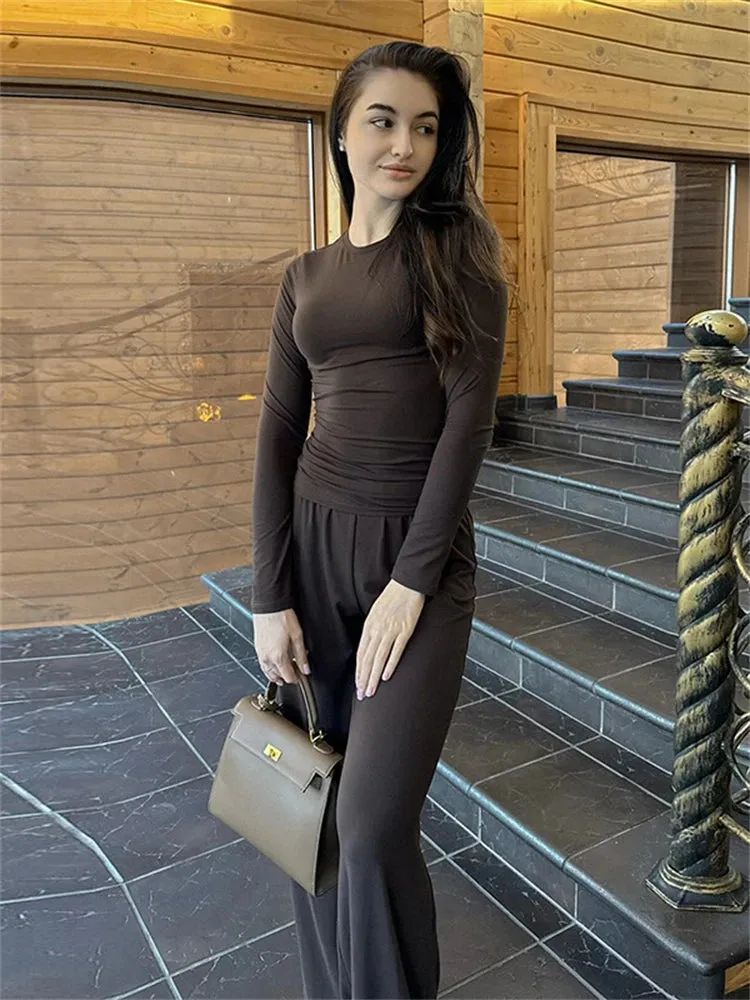 Trendy Casual 2-Piece Loungewear Set with Wide-Leg Pants