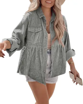 Tutorutor Womens Corduroy Shirts Casual Long Sleeve Button Down Blouses Tunic Babydoll Dress Loose Pocket Jacket Shackets