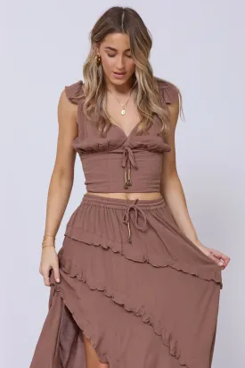 Washed Mocha Rayon Crinkle Flutter Sleeve Top