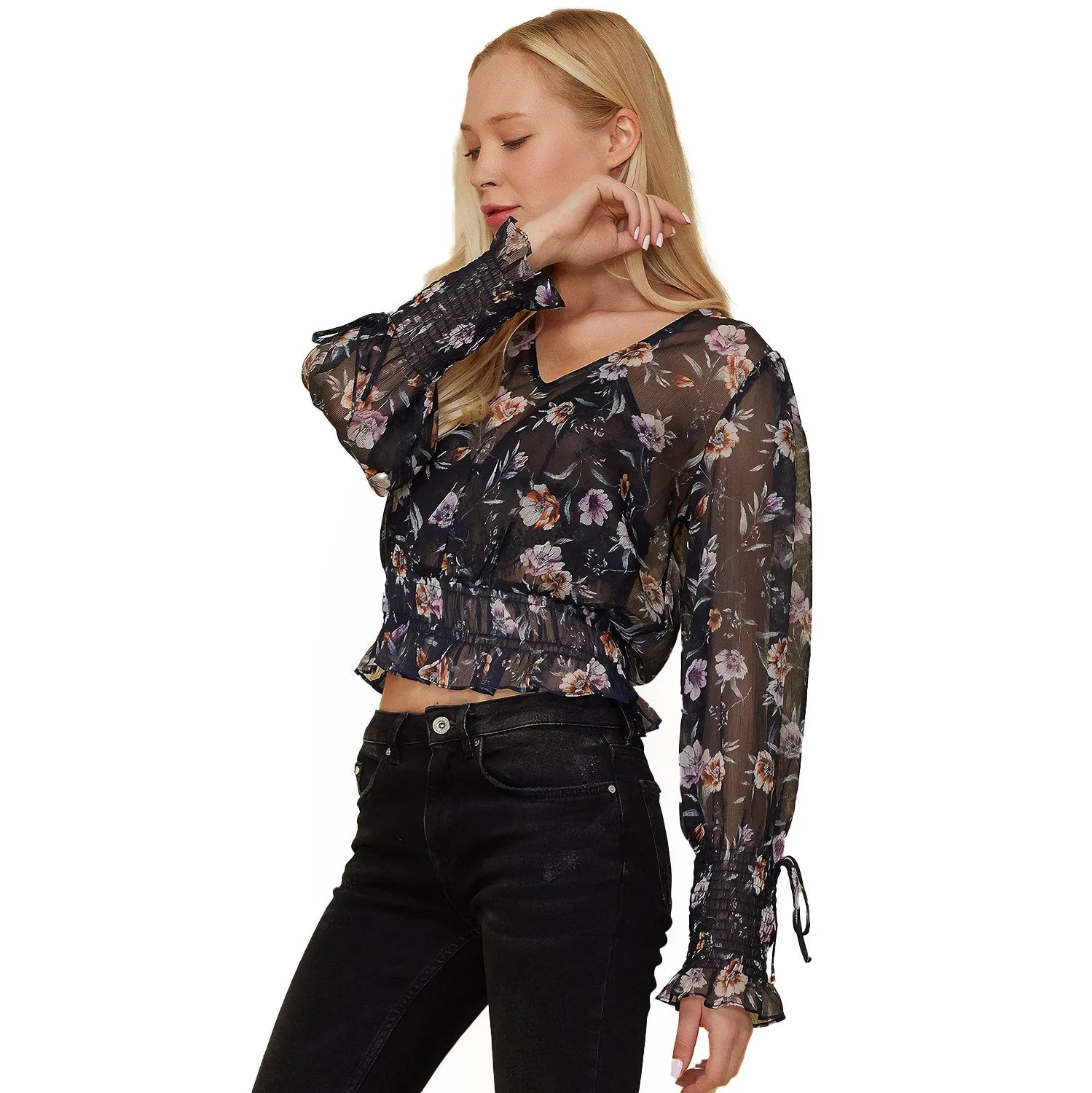 Wax Flower Smocked Cuff Blouse In Navy