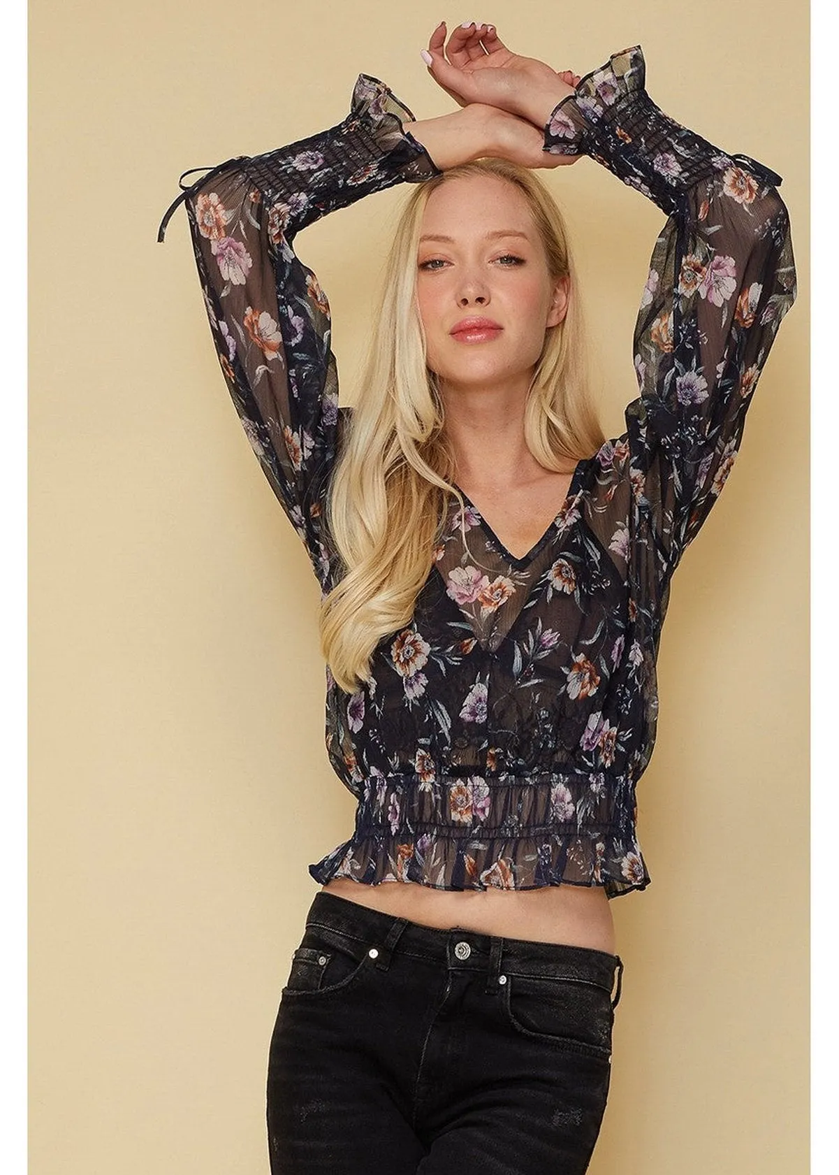 Wax Flower Smocked Cuff Blouse In Navy