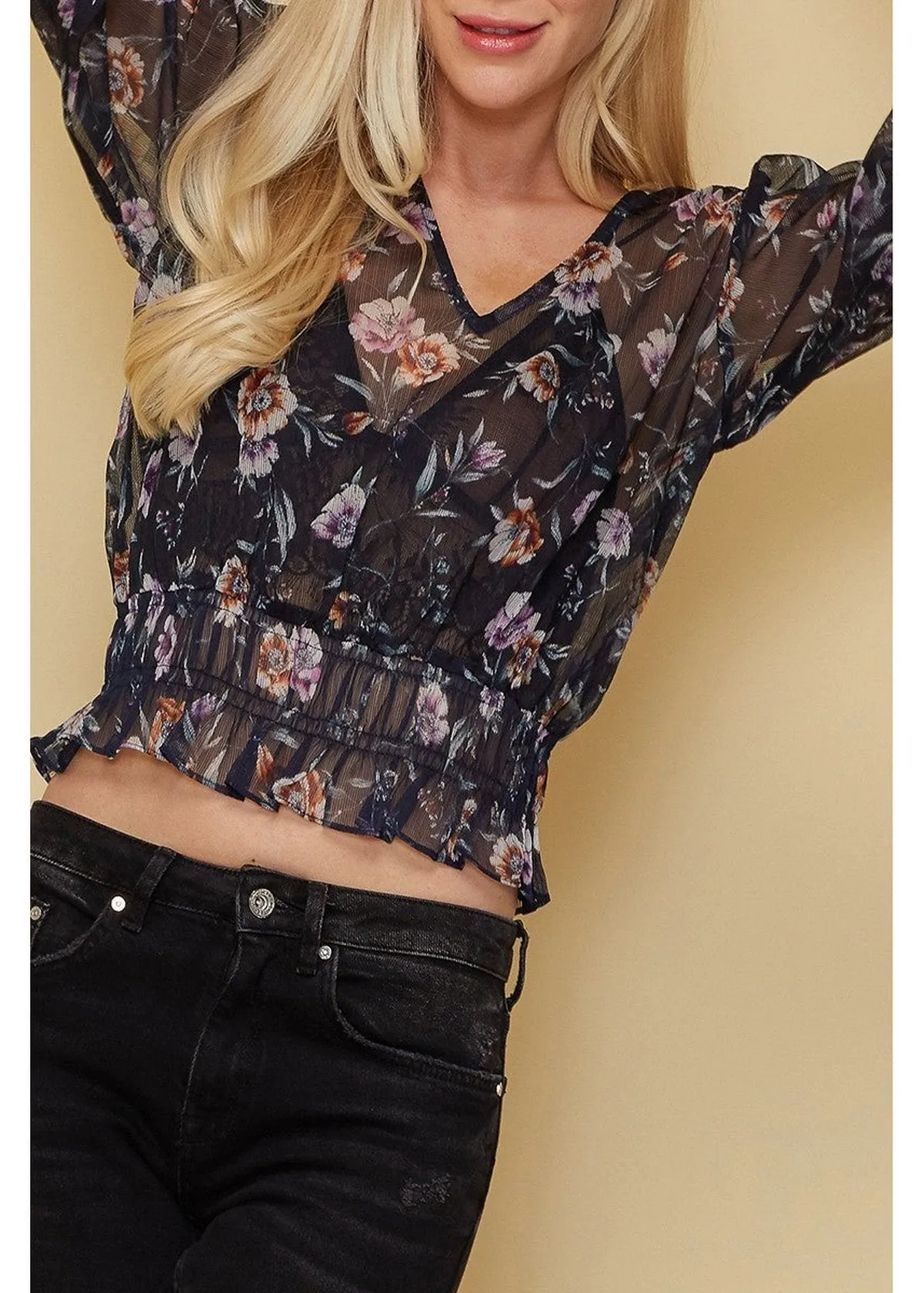 Wax Flower Smocked Cuff Blouse In Navy