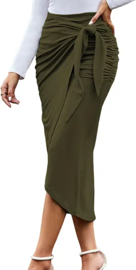 Women Ruched Pencil Skirt High Waist Wrap Tie Front Asymmetrical Long Maxi Skirts Bodycon with Slit