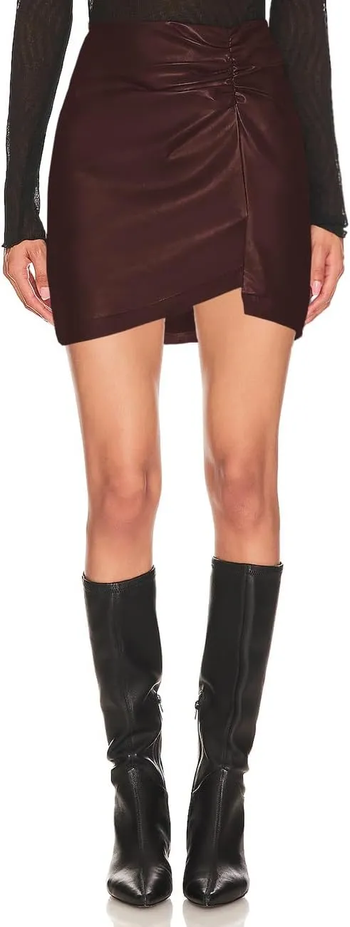 Women's Fuax Leather Skirts High Waist Ruched Short Bodycon Pencil Mini Skirt with Slit