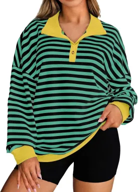 Womens Plus Size Striped Sweatshirts Long Sleeve Lapel Collared Casual Soft Pullover Tops Shirts