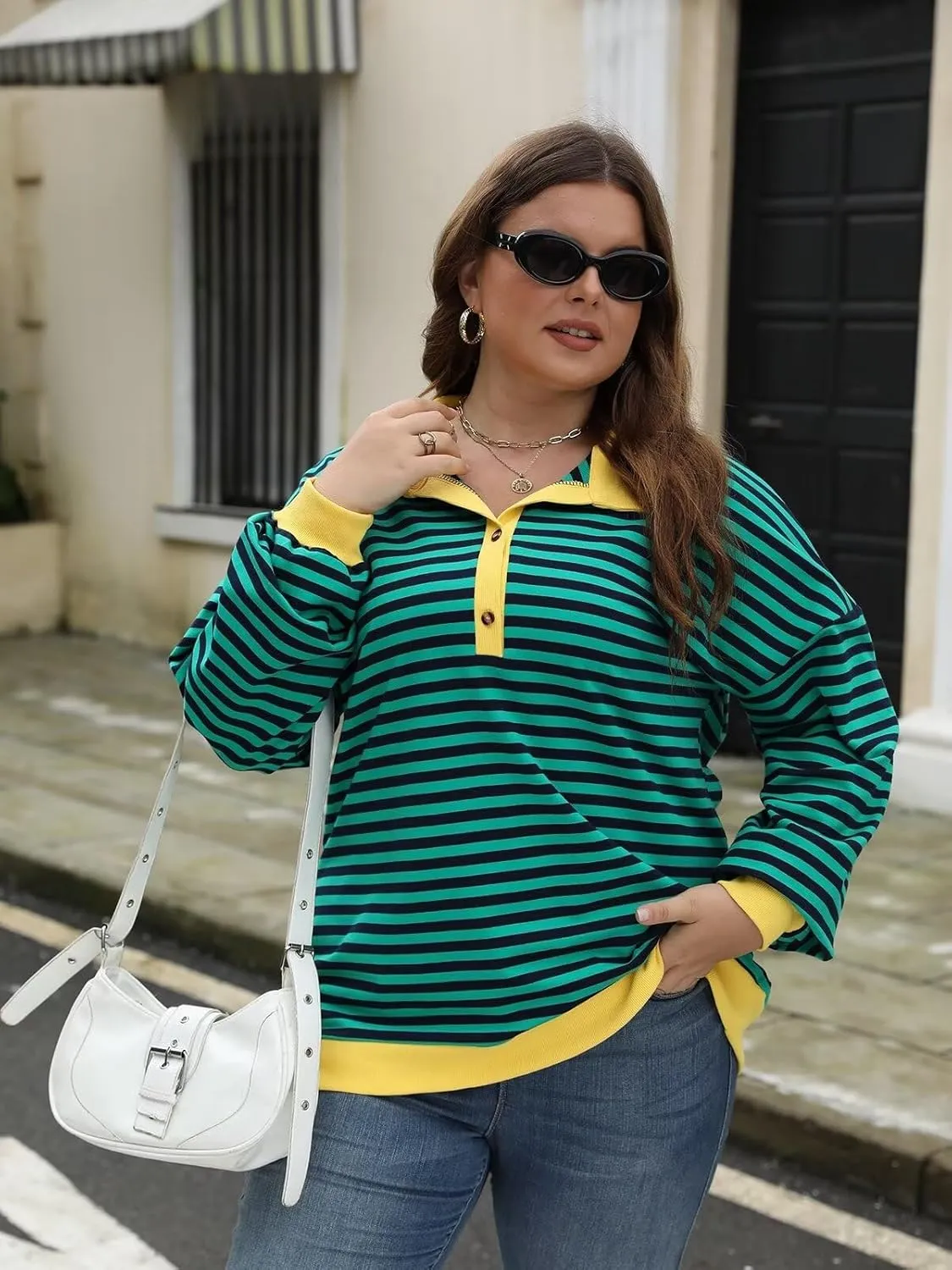 Womens Plus Size Striped Sweatshirts Long Sleeve Lapel Collared Casual Soft Pullover Tops Shirts