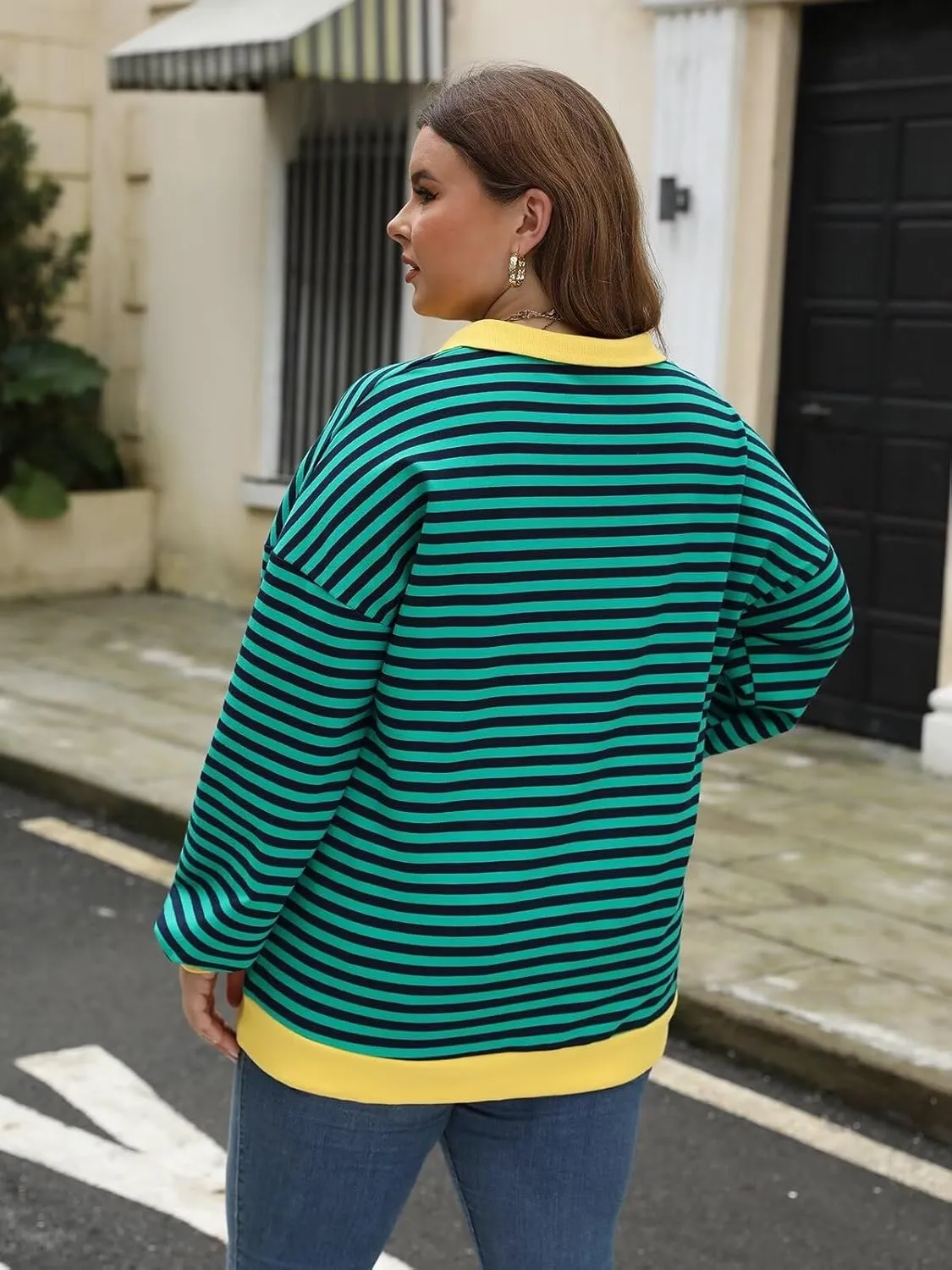 Womens Plus Size Striped Sweatshirts Long Sleeve Lapel Collared Casual Soft Pullover Tops Shirts