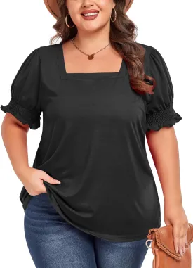 Women's Plus Size Tops Square Neck Blouses Short Sleeve T Shirts Casual Ruffle Trim Sleeve Tunic Tops