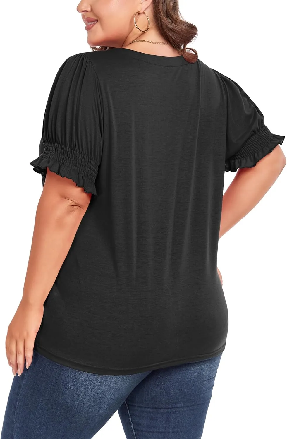 Women's Plus Size Tops Square Neck Blouses Short Sleeve T Shirts Casual Ruffle Trim Sleeve Tunic Tops
