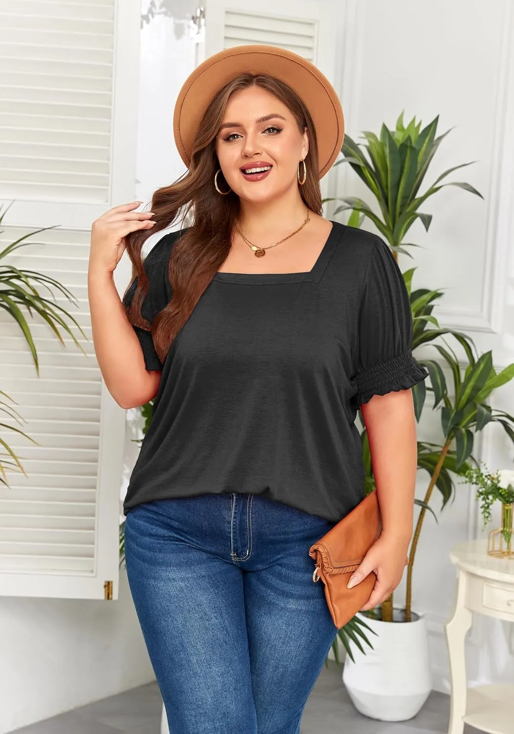 Women's Plus Size Tops Square Neck Blouses Short Sleeve T Shirts Casual Ruffle Trim Sleeve Tunic Tops