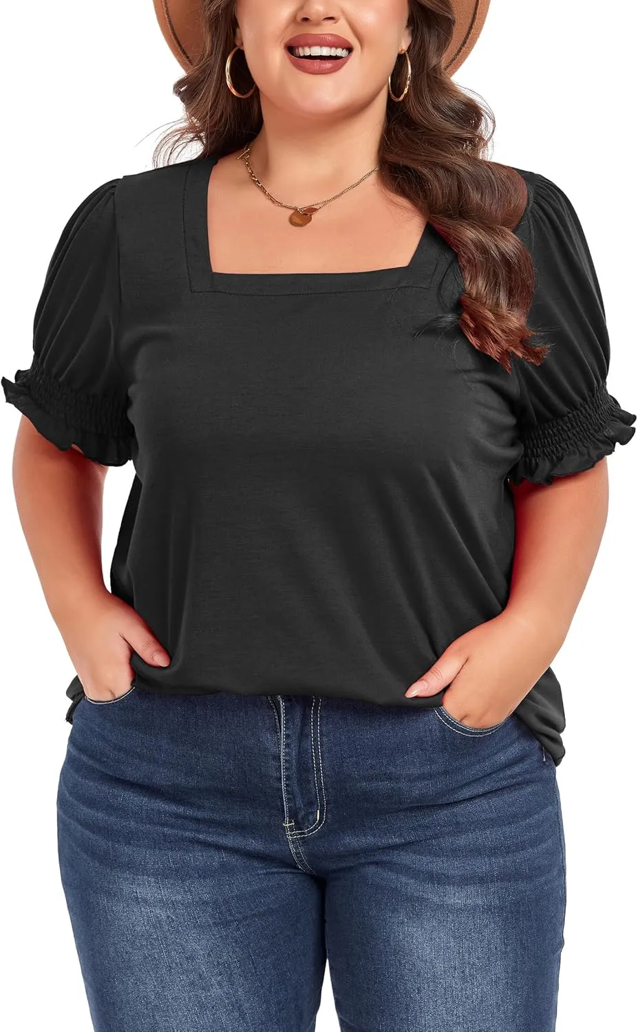 Women's Plus Size Tops Square Neck Blouses Short Sleeve T Shirts Casual Ruffle Trim Sleeve Tunic Tops