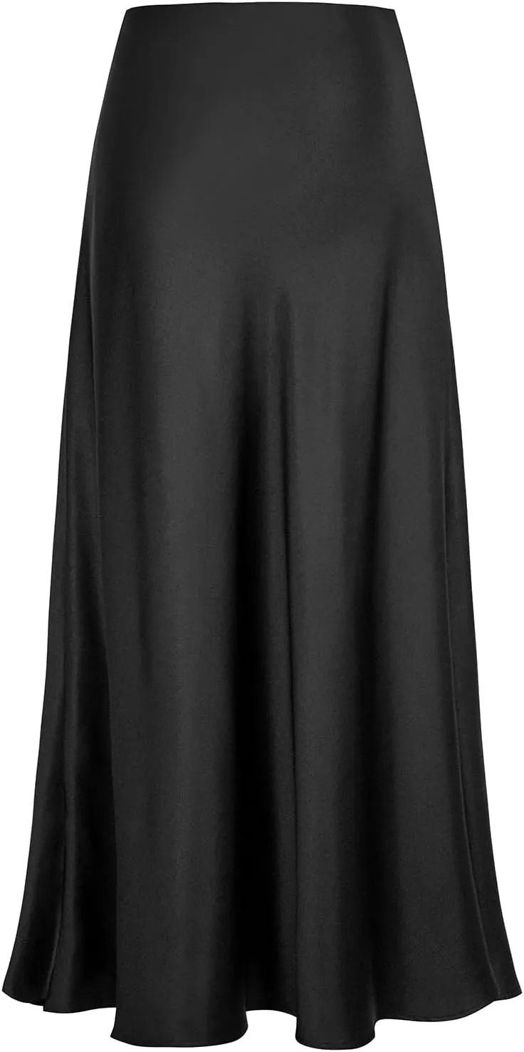 Women's Satin High Waisted Maxi Skirts Hidden Elasticized Waistband A Line Long Skirt