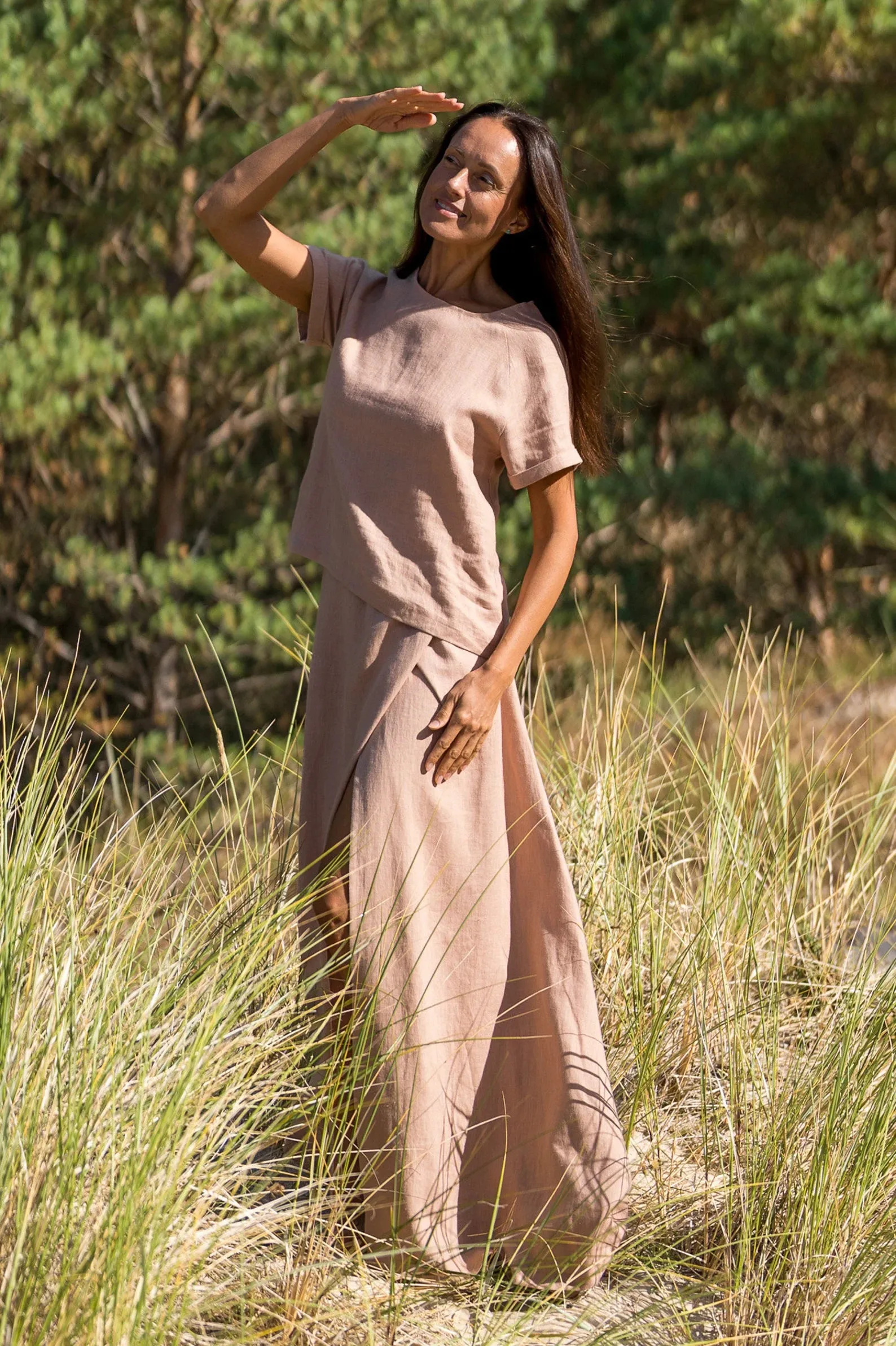 Wrap Linen MAXI Skirt In Powder