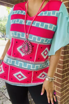 XCH15223 Aztec blue&fuchsia multi color printed ruffle short sleeve women tops